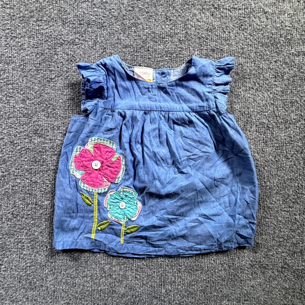 VTG Nursery Rhyme Blouse Toddler Girl 18M Blue Ruffle Sleeve Embroidered Flowers